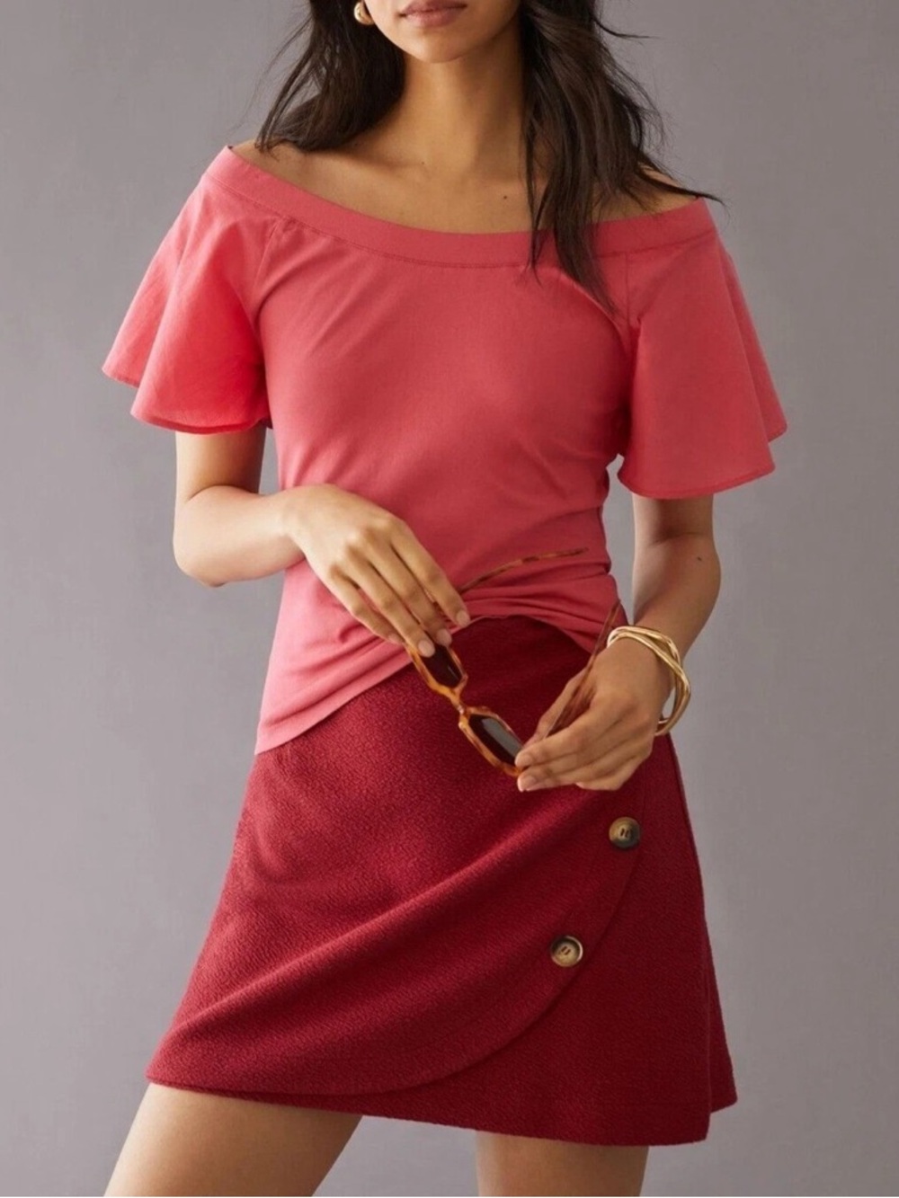 Maeve by Anthropologie pink flutter off the shoulder top